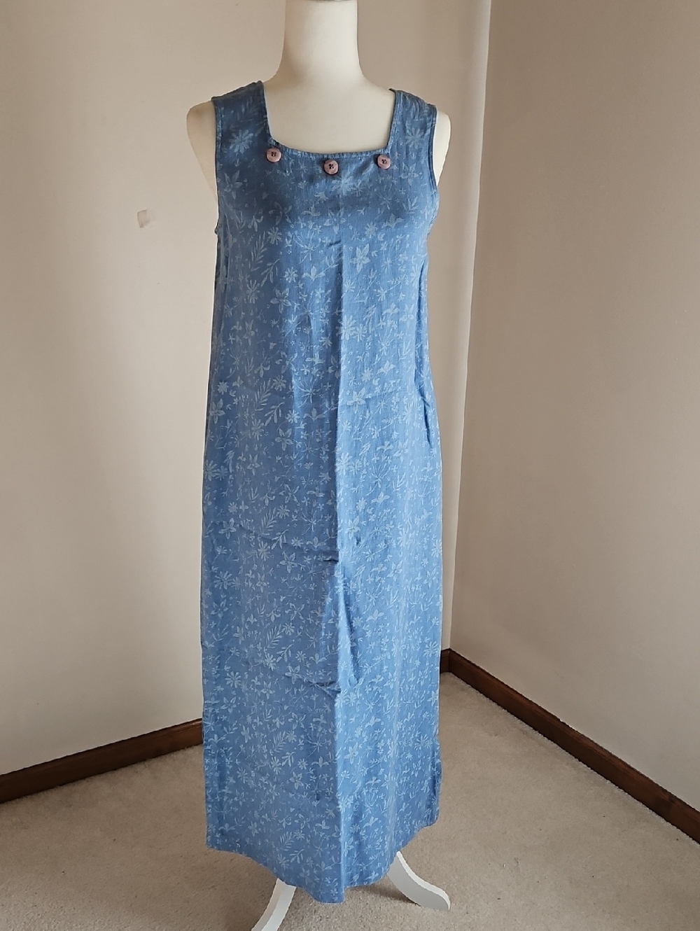 Russ Berens XS Linen Chambray Floral Maxi Dress Coastal Prairie